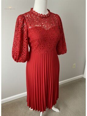 Lace Patchwork A-Line Midi Dress Pleated Hollow Out Lantern Sleeve Formal
